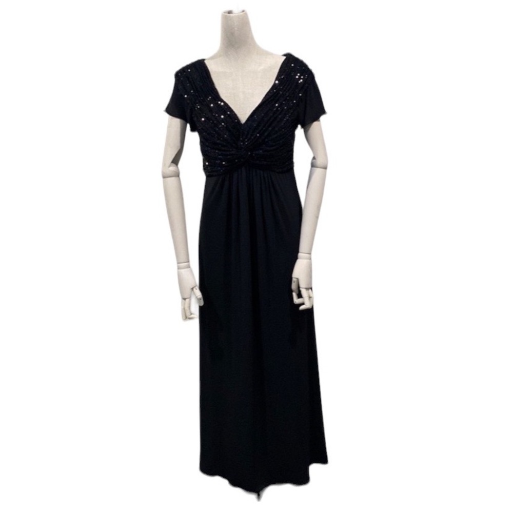 Calvin Klein Gown Womens 6 Black V-Neck Short Sleeve Draped Sequins Y2K Grunge